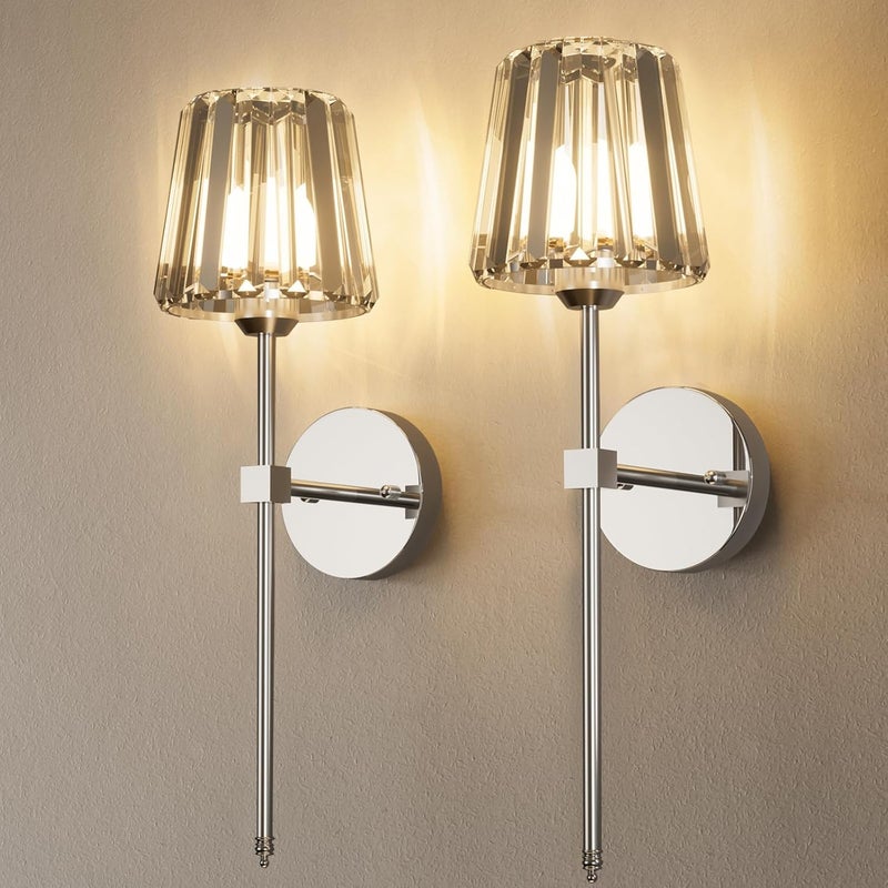 L.JUJAM Crystal Battery Operated Wall Sconces Set of 2, Chrome Rechargeable Wireless Wall Lights with Crystal Lampshade, 12 RGB and 3CCT Dimmable Wall Lamps with Remote for Bedroom Living Room Hallway - Image 1